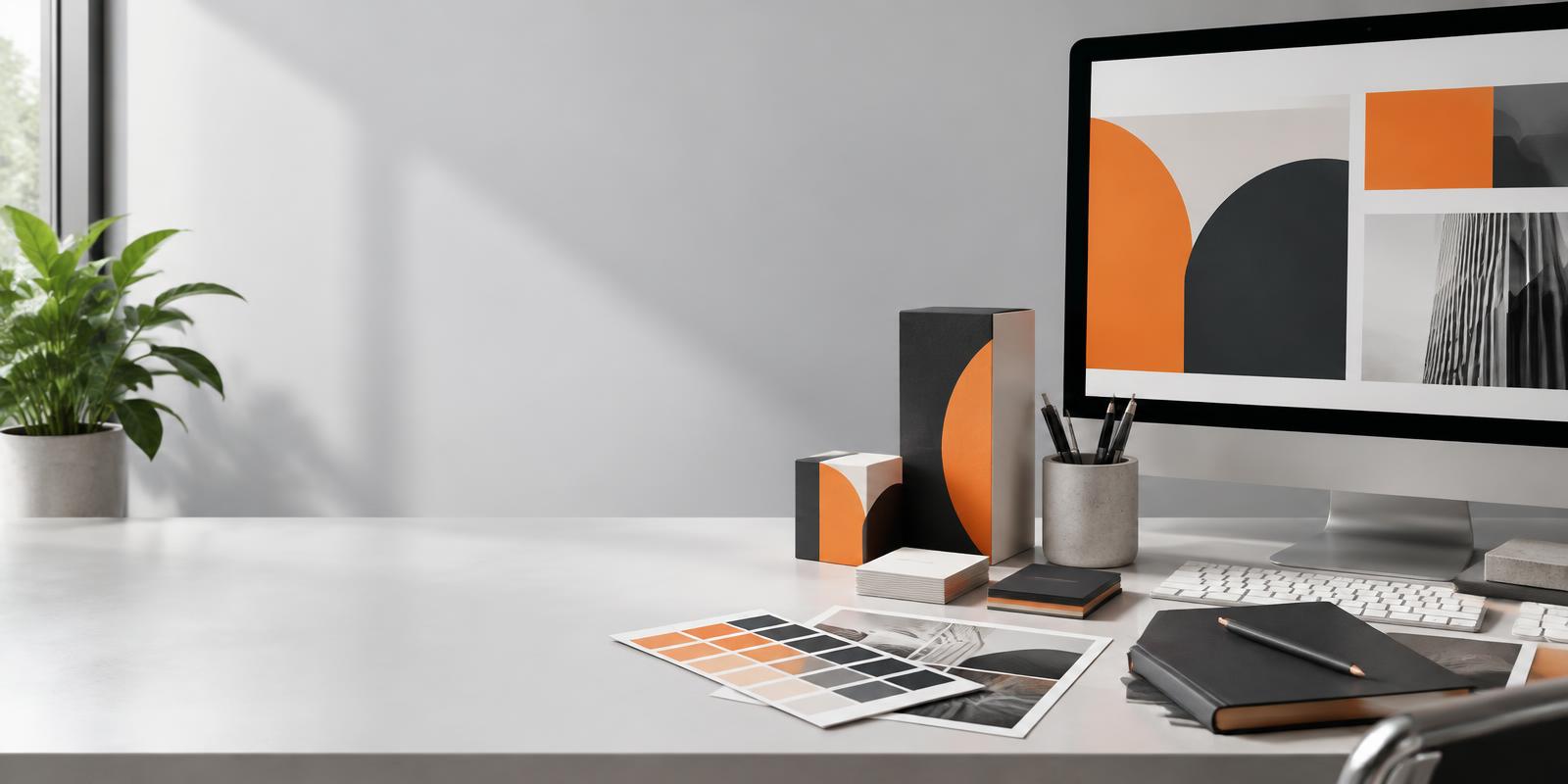 Ruang kerja desain grafis dengan monitor, contoh kemasan, dan palet warna
