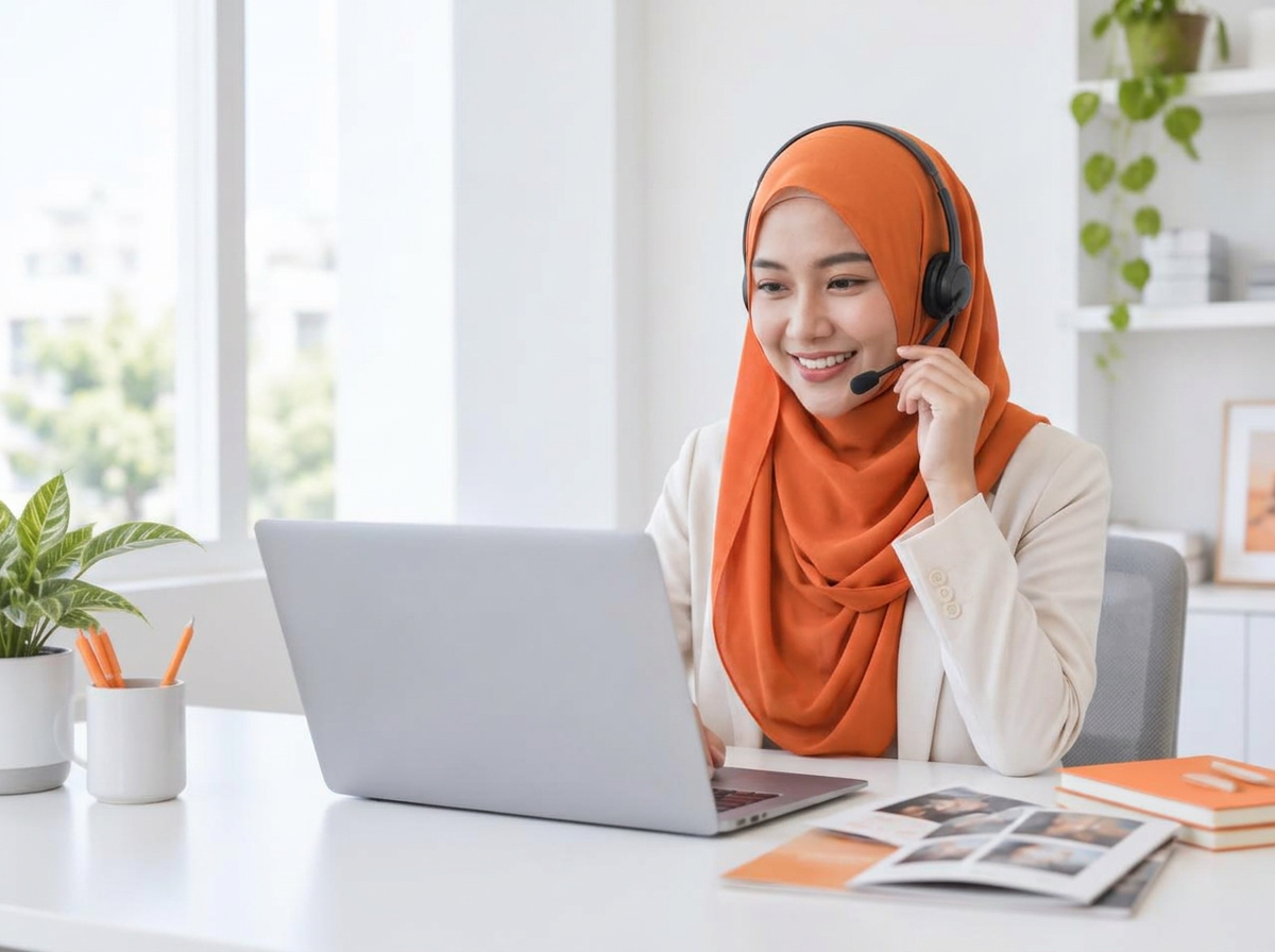 Perempuan muslimah berjilbab oranye dari tim layanan pelanggan siap membantu kebutuhan cetak